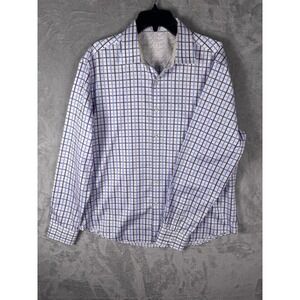 Bugatchi Shirt Mens 2XL 34/35 White Purple Check Button Up Long Sleeve Cotton